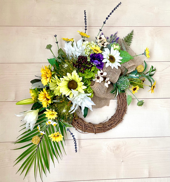 No.wreath-15443/ひまわりとユリの特大リース 60x56cm/アーティ  