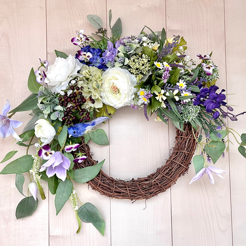 No.wreath-15444/クレマチスと小鳥の特大リース 53x57cm/アーティ  