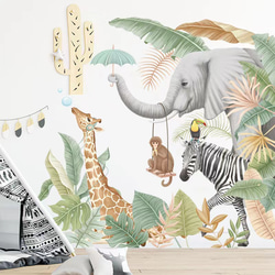 ウォールステッカー S662 動物　ジャングル　キリン　ゾウ　子供　癒す　DIY 壁紙　インテリアシート　剥がせる 1枚目の画像