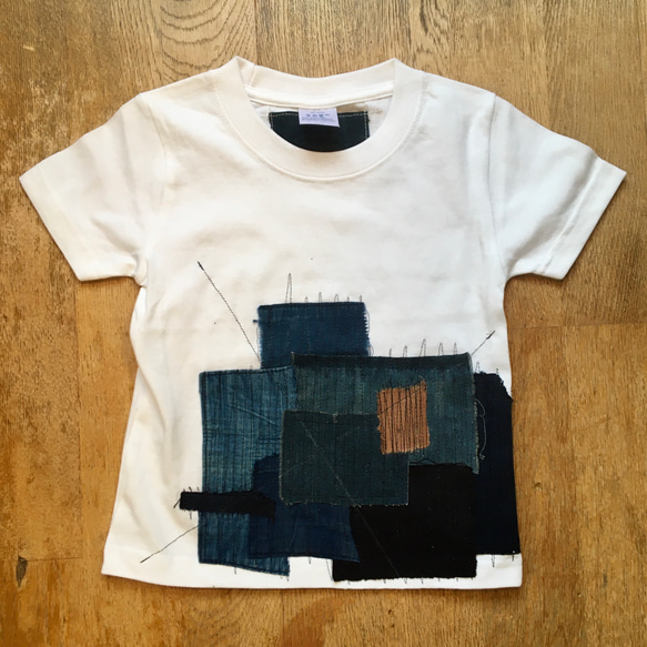 【BOX入り】ビンテージ藍染襤褸 パッチワーク Tシャツ for kids size100 001 2枚目の画像