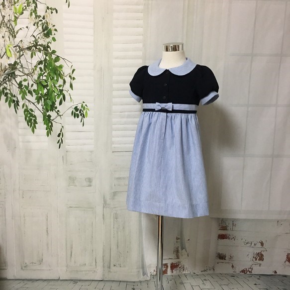 (受注用)衿付紺色とマリンブルーのストライブのワンピース100ｓ