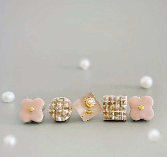 花 ツイード くすみピンク ベージュ 美濃焼 ガラス ピアス イヤリング