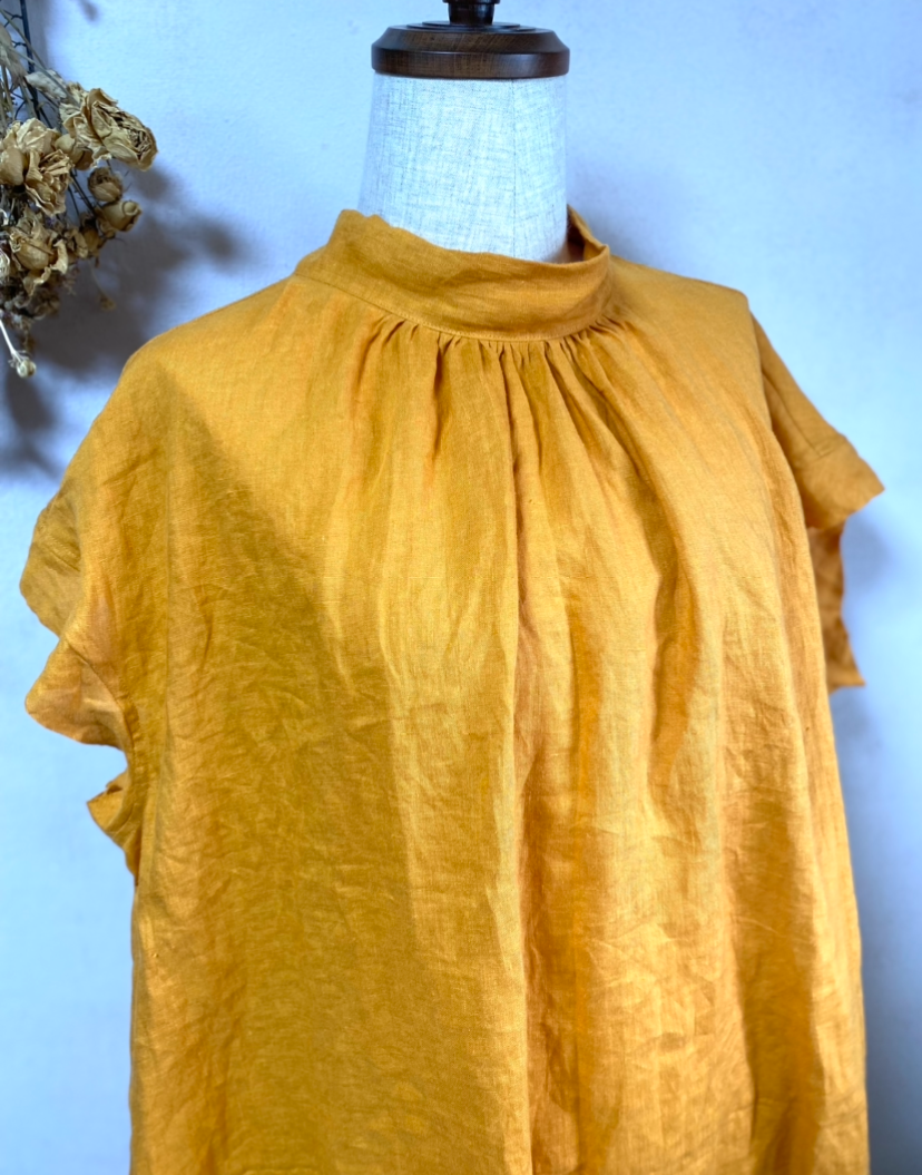 《大きいサイズ》フレンチリネン　スタンドカラーバックリボンワンピース　サフランイエロー　Ｌ•ＬＬ•１３号