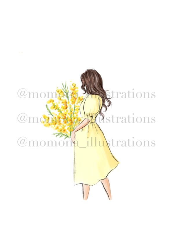 Mimosa and girl / ミモザ /イラスト/デジタルアート/おしゃれイラスト 2枚目の画像