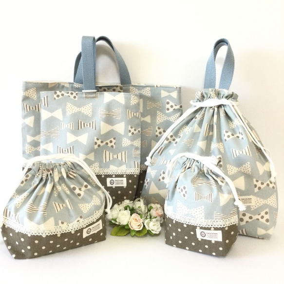 ♡ナチュラルリボン★通園通学５点セット♡内側11号帆布サックスブルー１セット限定 ♡ナチュラルリボン☆通園通学5点セット♡ 内側11号帆布仕上げ