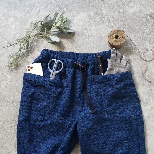 麻柄キャンプワークパンツ/ブルー/刺し子織 ロングパンツ UZUiRO