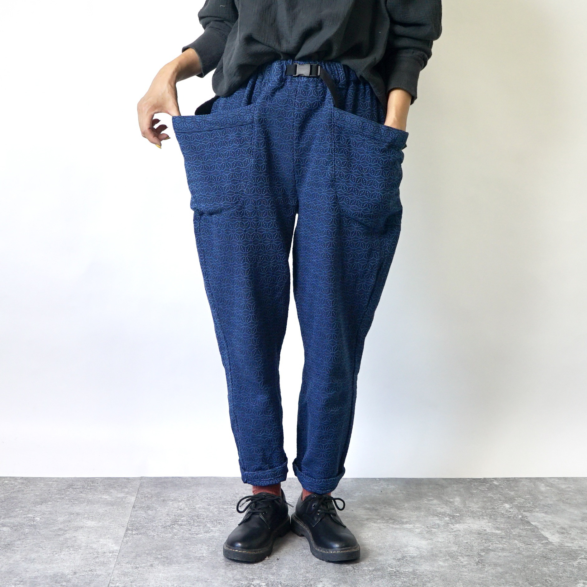 麻柄キャンプワークパンツ/ブルー/刺し子織