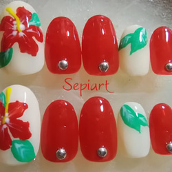 ジェルネイルチップ☆付け爪~ハイビスカス 夏ネイル ネイルチップ