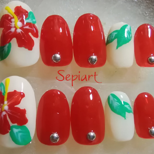 ジェルネイルチップ☆付け爪~ハイビスカス 夏ネイル ネイルチップ