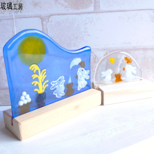 手作り額付き作品　title「永遠の虹うさぎ」 再販】餅つきうさぎ お月見 うさぎ 秋 中秋の名月 9月 半円 省