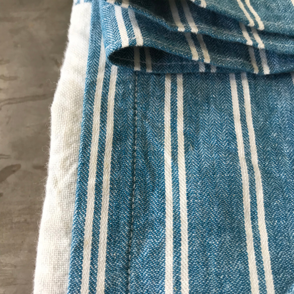 ソムリエエプロン　綿麻ツインストライプ　ブルー＆ホワイト　ポケット白　丈61㎝ 6枚目の画像
