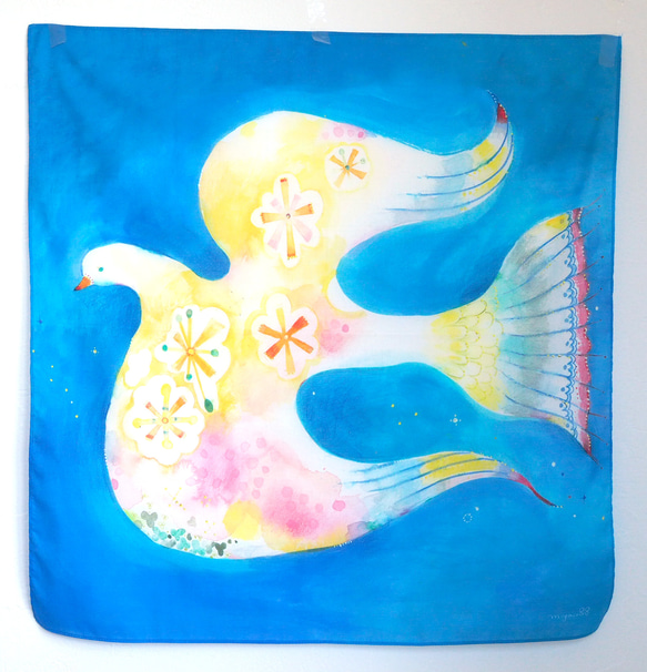 也可用作圍巾的水彩手帕“充滿藍色的鳥” 第1張的照片