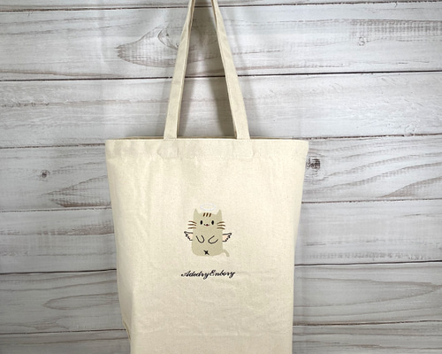 天使/エンジェル 猫刺繍 内ポケット付き コットンキャンバストート