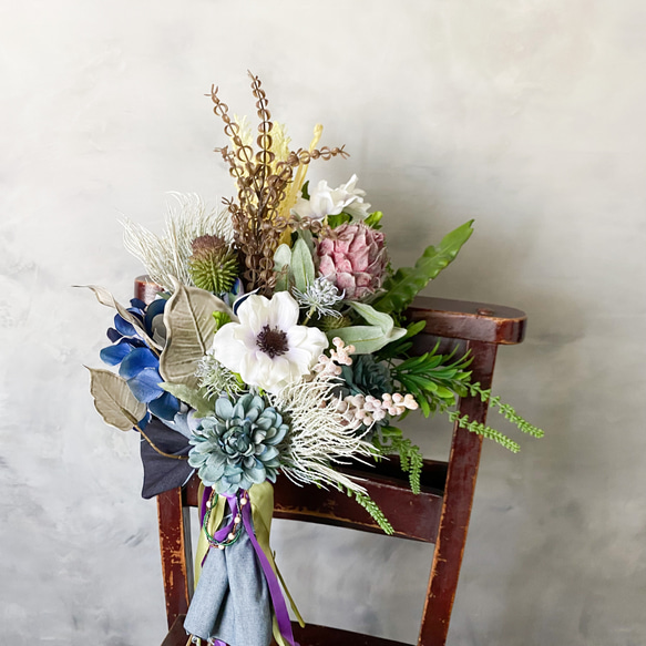 アネモネとワイルドフラワーのミックスブーケ | 造花の花束 スワッグ プレゼント 6枚目の画像