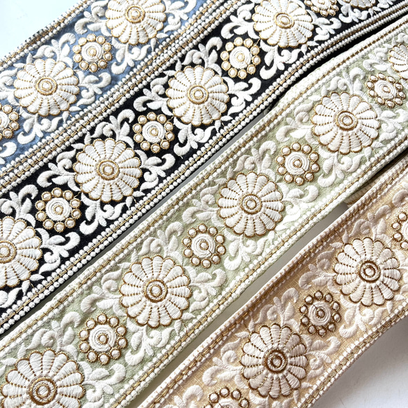 【50cm】インド刺繍リボン ブルーグレーxホワイト　シルク  FS448 9枚目の画像