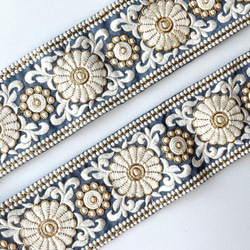 【50cm】インド刺繍リボン ブルーグレーxホワイト　シルク  FS448 6枚目の画像