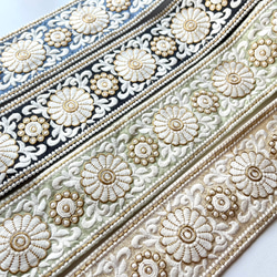 【50cm】インド刺繍リボン ブルーグレーxホワイト　シルク  FS448 10枚目の画像
