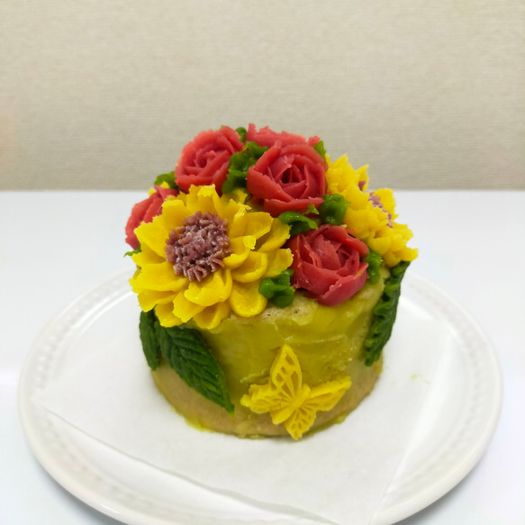 さつま芋のお花の台湾かすてらデコレーションケーキ　セピア色の想い出ブーケ　 グルテンフリー　添加物無添加　フラワーケーキ 16枚目の画像