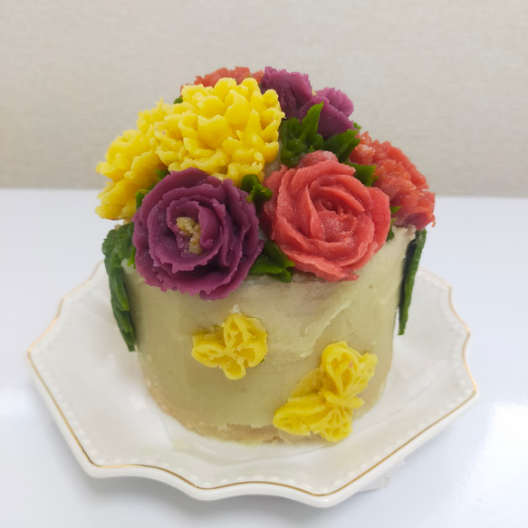 さつま芋のお花の台湾かすてらデコレーションケーキ　セピア色の想い出ブーケ　 グルテンフリー　添加物無添加　フラワーケーキ 9枚目の画像