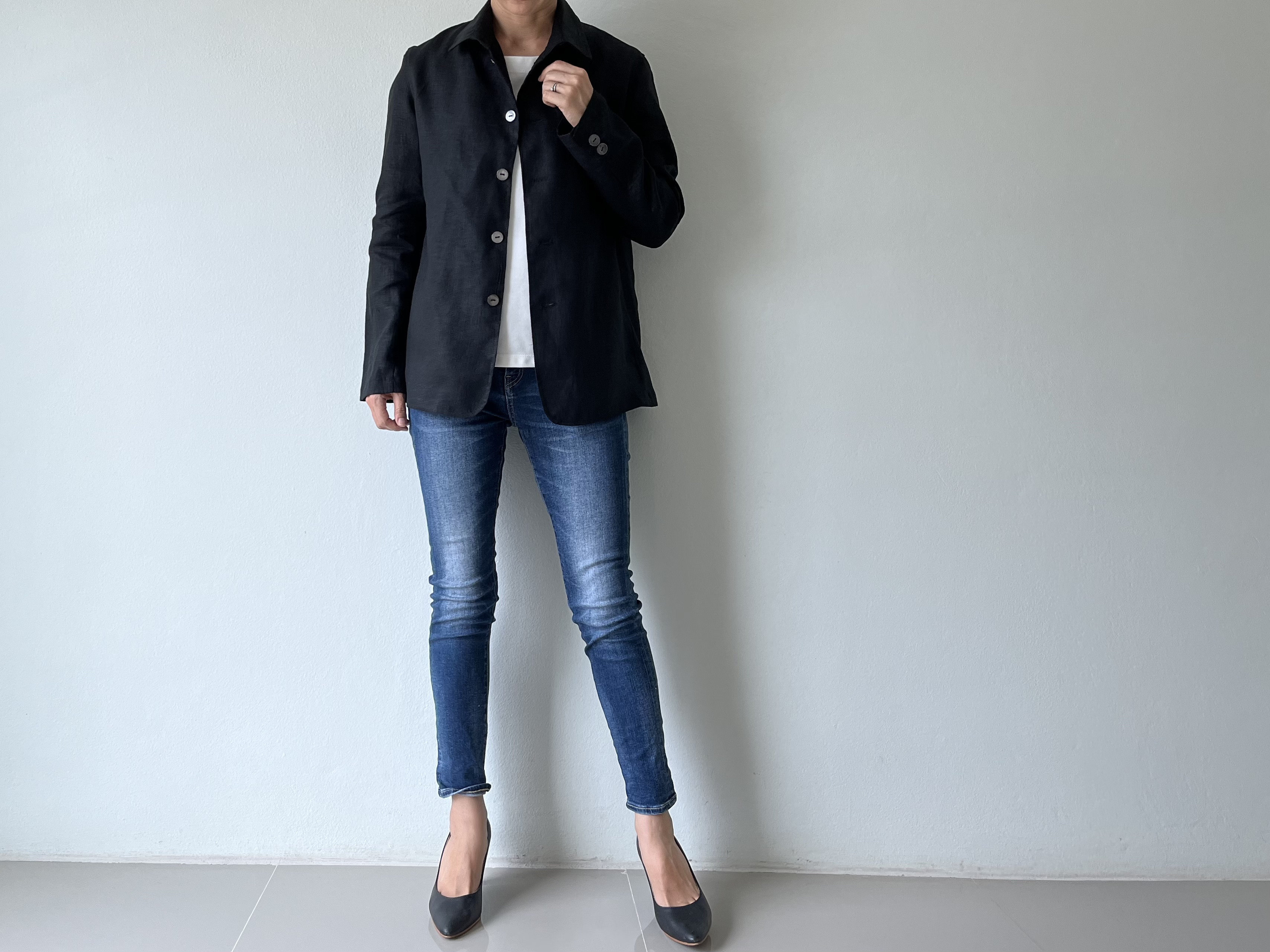 リネンライダース風なオーバージャケット。ハードすぎない″大人のかっこ良さ″。メンズも着用可。上質リネン100。黒