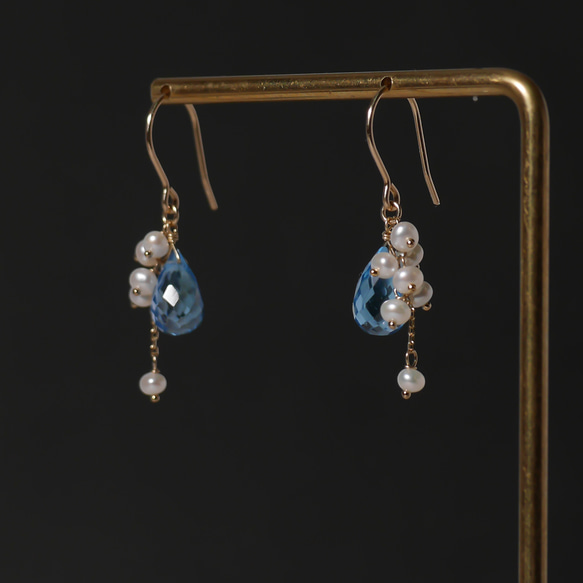#930 14KGF 瑞士藍托帕石和珍珠耳環 第2張的照片