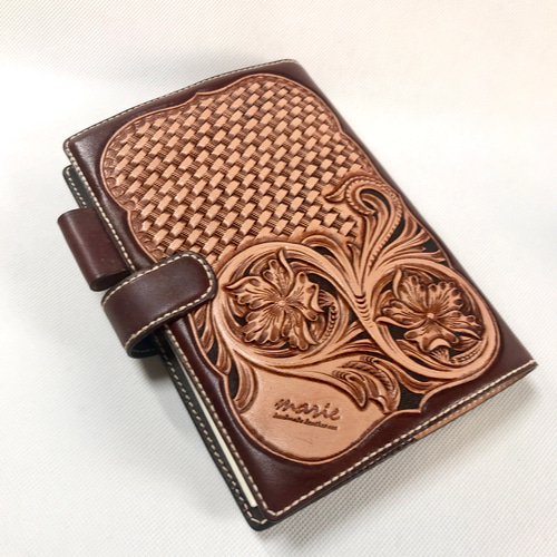 marie leather/レザーカービング/ダイアリーカバー/手帳ケース/革小物