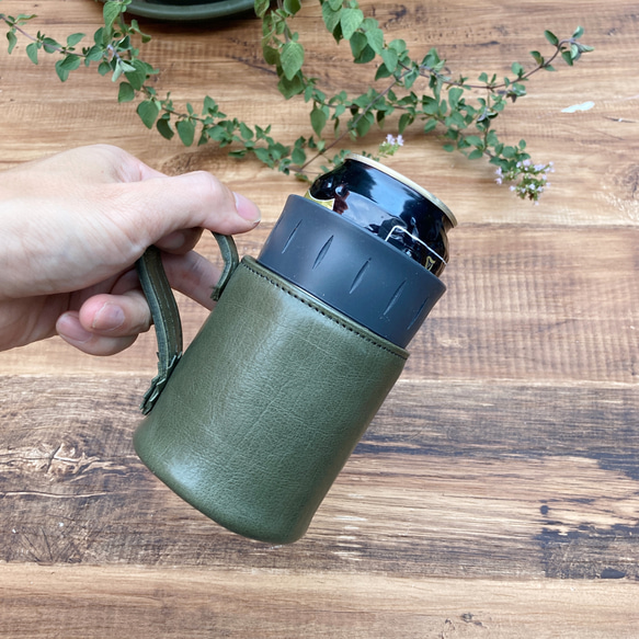 "サーモス缶ホルダー"本革カバー＜オリーブグリーン＞ 保冷機能付き THERMOS 350mlカバー☆ 9枚目の画像