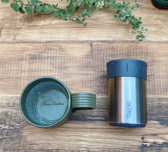 サーモス缶ホルダー本革カバー＜オリーブグリーン＞ 保冷機能付き THERMOS 350mlカバー☆ 人気・おすすめ｜使いやすい・旅行におすすめ 品質保証 全国発送 正規品・日本国内発送・安心保証付き