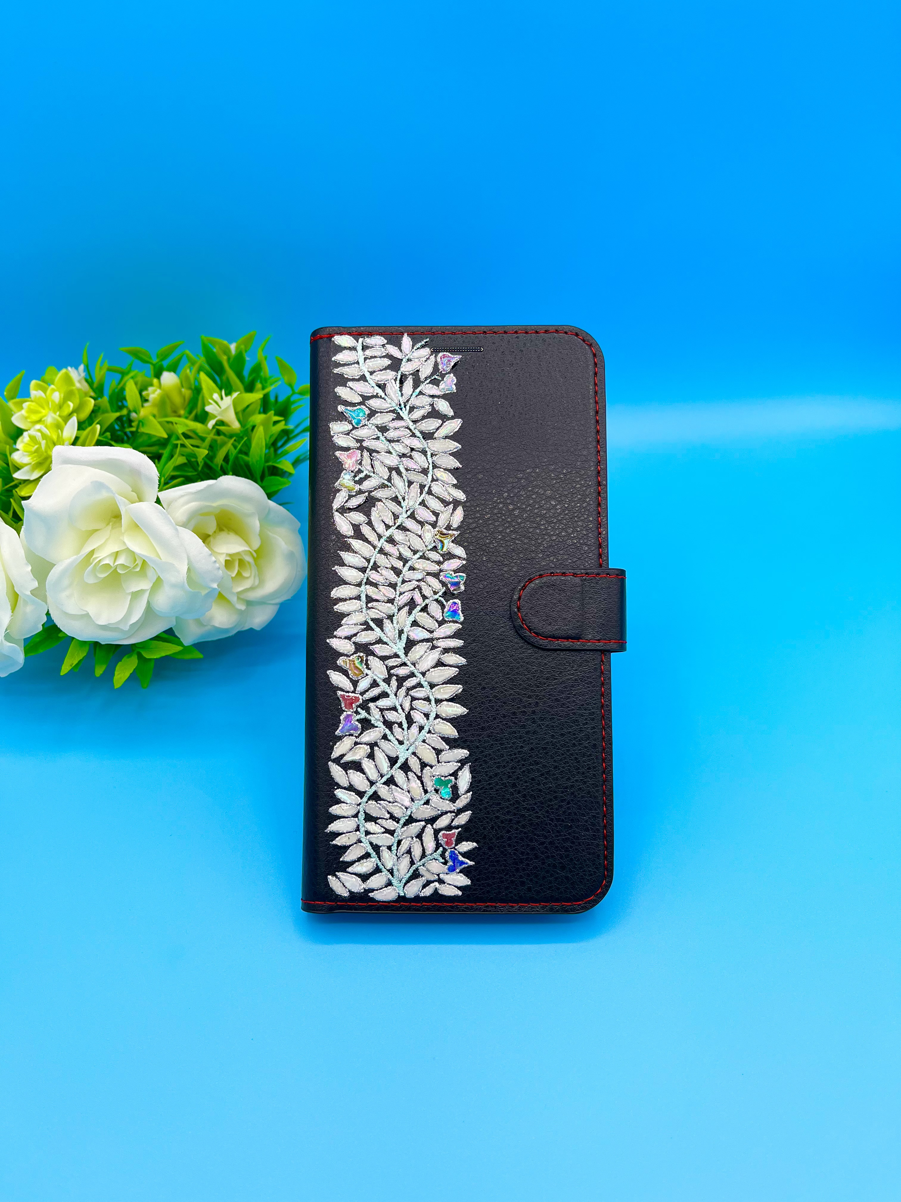 ライン葉っぱ　螺鈿　白一色