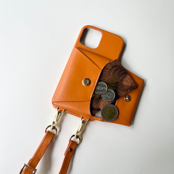 スマホショルダー　手ぶら　名入れ可　バイカラー　本革 　革　カード収納  名入れ レザーiphoneケース　Orange 4枚目の画像