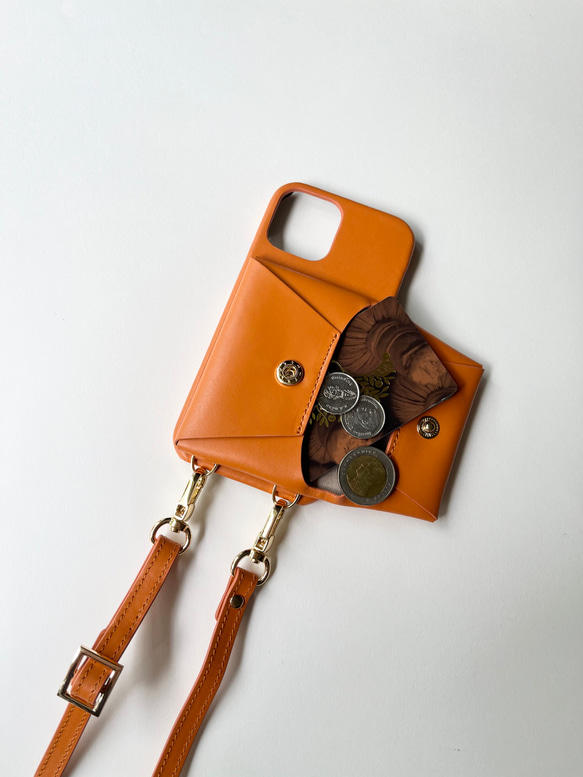スマホショルダー　手ぶら　名入れ可　バイカラー　本革 　革　カード収納  名入れ レザーiphoneケース　Orange 4枚目の画像