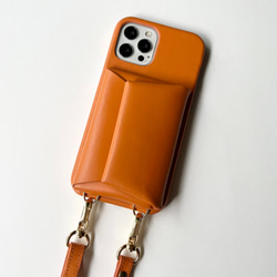 スマホショルダー　手ぶら　名入れ可　バイカラー　本革 　革　カード収納  名入れ レザーiphoneケース　Orange 5枚目の画像