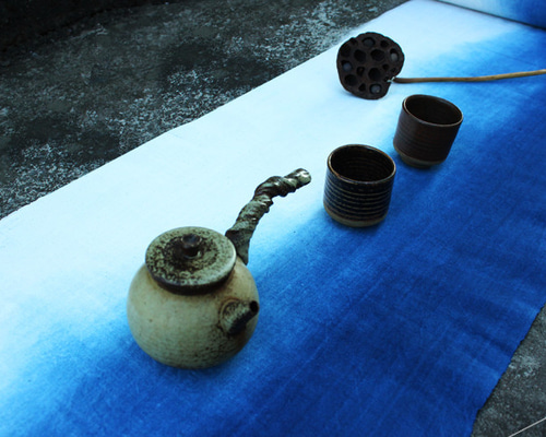 茶席藍染グラデーションテーブルクロス手織り草木染二重両面利用可能