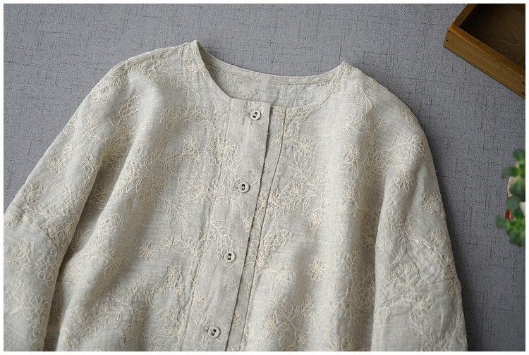 夏用薄リネン100％総刺繍シンプルな大人可愛いトップス♪
