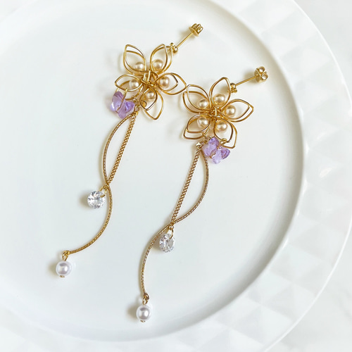 高品質♡秋色パープルワインカラーのガラスフラワーと華奢螺旋