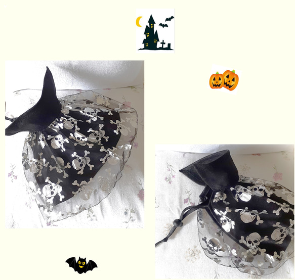 犬服　ハロウィン ドレスアップ帽子　黒／シルバードクロ/／共布　単体での販売用 5枚目の画像