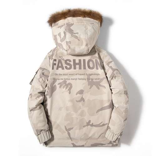 5XL ブルー ダウンジャケット メンズ 迷彩柄 ミリタリー系ファー付き