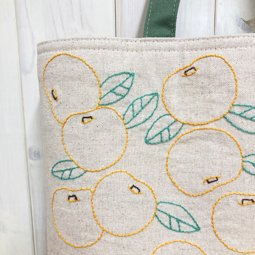 筒描き刺し子バック 受注製作◇A4対応トートバッグ【アンズ】 刺し子・綿麻・帆布