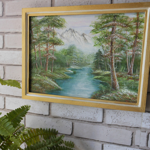 マウンテンリヴァー 静かなる山 フレーム付きハンドペイント木製絵画