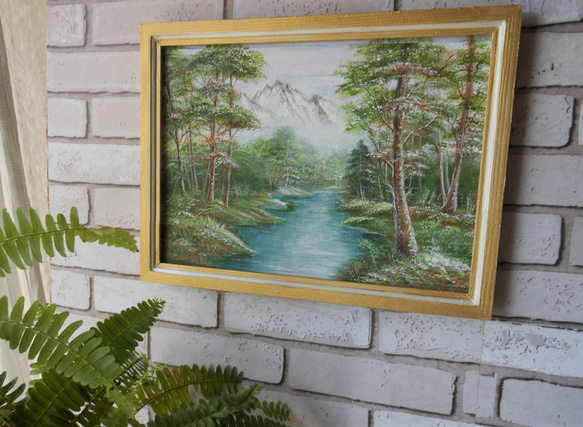 マウンテンリヴァー　静かなる山　フレーム付きハンドペイント木製絵画 7枚目の画像