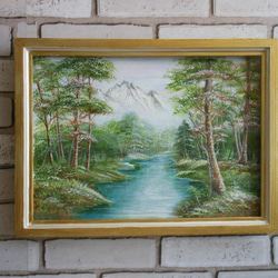 マウンテンリヴァー　静かなる山　フレーム付きハンドペイント木製絵画 2枚目の画像