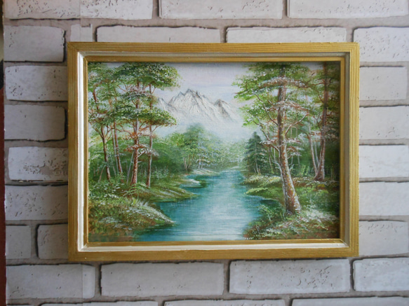 マウンテンリヴァー　静かなる山　フレーム付きハンドペイント木製絵画 2枚目の画像