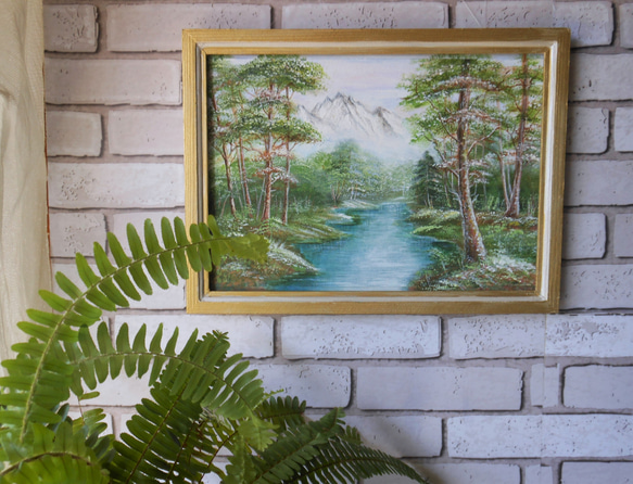 マウンテンリヴァー　静かなる山　フレーム付きハンドペイント木製絵画 5枚目の画像