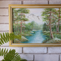 マウンテンリヴァー　静かなる山　フレーム付きハンドペイント木製絵画 4枚目の画像