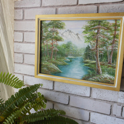 マウンテンリヴァー　静かなる山　フレーム付きハンドペイント木製絵画 6枚目の画像