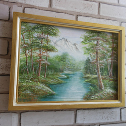 マウンテンリヴァー　静かなる山　フレーム付きハンドペイント木製絵画 3枚目の画像