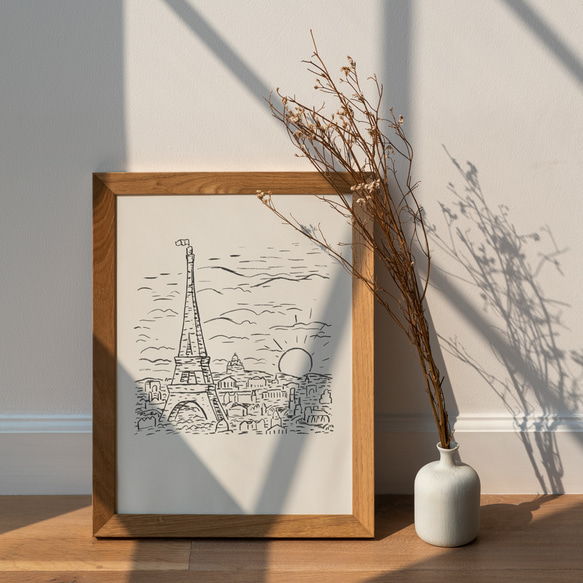 アートポスター、ドローイング、「エッフェル塔とモンマルトルの丘と太陽」見ているだけでほっこり【A-0049】 4枚目の画像