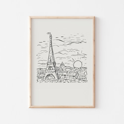 アートポスター、ドローイング、「エッフェル塔とモンマルトルの丘と太陽」見ているだけでほっこり【A-0049】 1枚目の画像