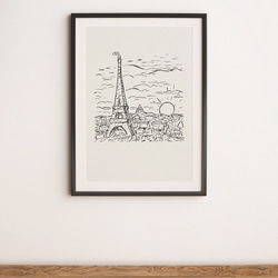 アートポスター、ドローイング、「エッフェル塔とモンマルトルの丘と太陽」見ているだけでほっこり【A-0049】 6枚目の画像
