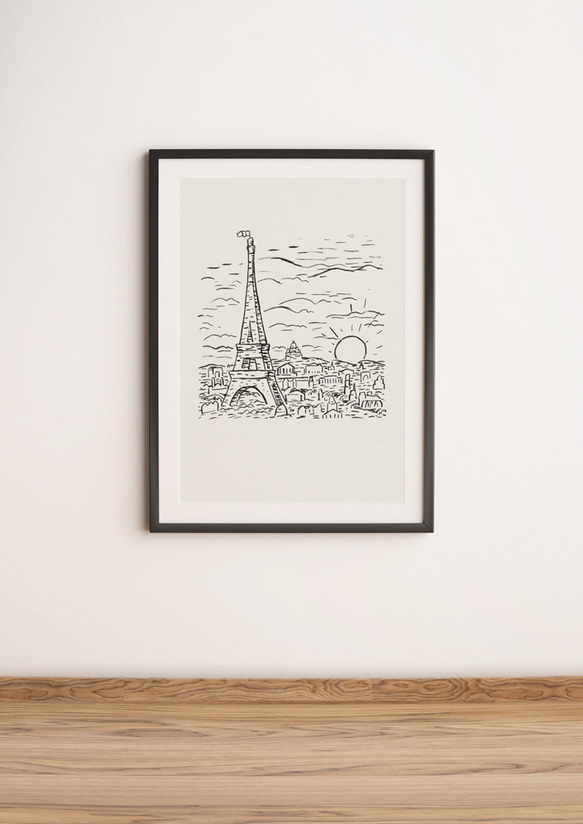 アートポスター、ドローイング、「エッフェル塔とモンマルトルの丘と太陽」見ているだけでほっこり【A-0049】 6枚目の画像